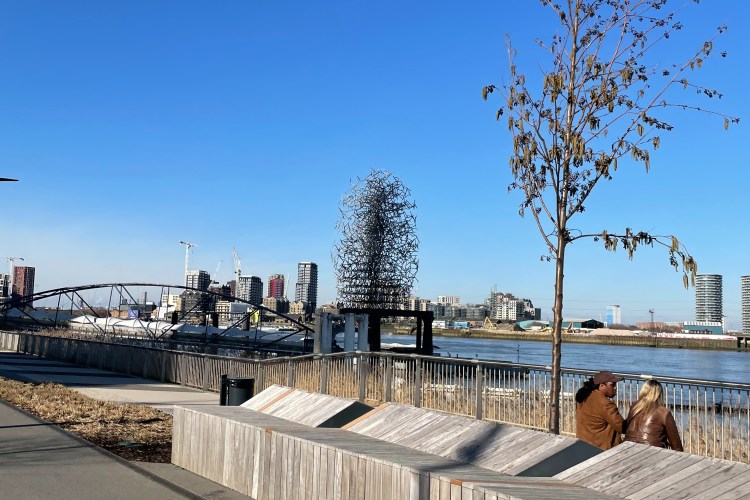 Walking from Greenwich Yacht Club to North Greenwich tube station you come across a large sculpture installed on a platform in the river.