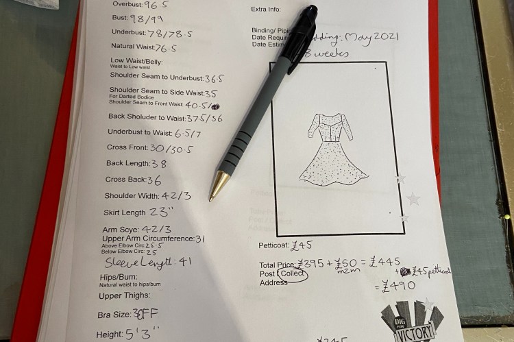 A sheet from Dig for Victory containing my measurements, the cost of the items and the production timeline.